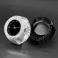 Pair of stylish wristwatches with black dials and contrasting silver and black bezels on white background