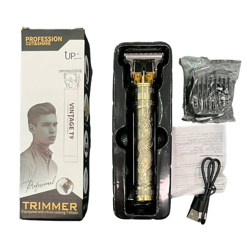 sunehri store metallic T9 hair trimmer set with dragon design, box, USB cable, combs