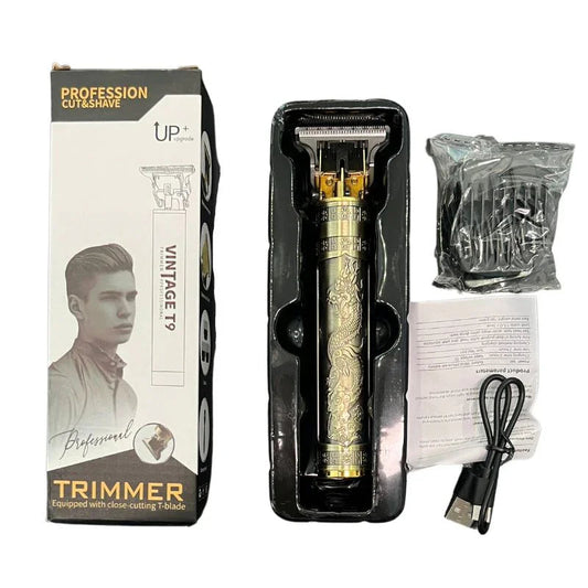sunehri store metallic T9 hair trimmer set with dragon design, box, USB cable, combs