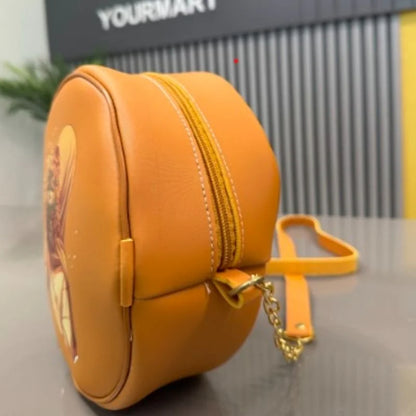 Round Retro Crossbody Handbag | Caramel Faux Leather with Artistic Print for Women