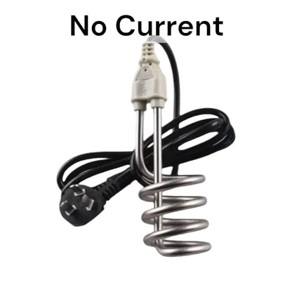 Electric immersion water heater with black power cord and plug, text 'No Current' above