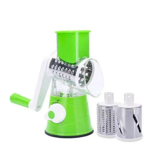 Green manual rotary grater with handle and three drum blades, kitchen tool at Sunehri Store