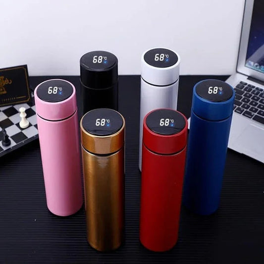Sunehri Store colorful smart temperature water bottles with digital display on black desk