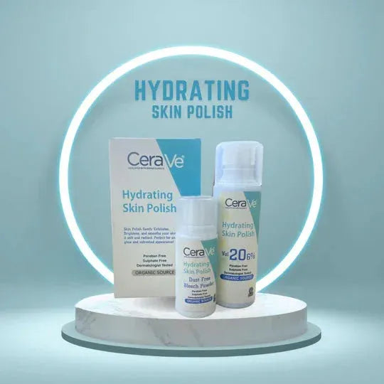 CeraVe Hydrating Skin Polish products displayed on a round marble stand with blue neon ring backdrop