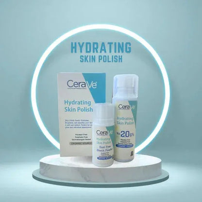 CeraVe Hydrating Skin Polish products displayed on a round marble stand with blue neon ring backdrop