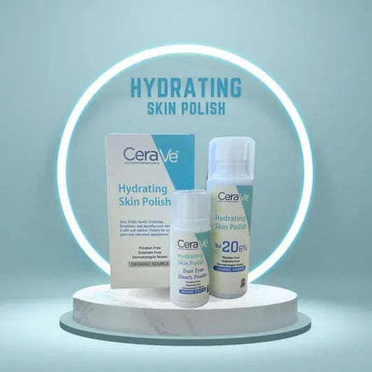 CeraVe Hydrating Skin Polish products displayed on a round marble stand with blue neon ring backdrop