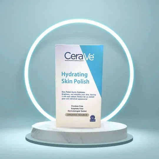 CeraVe Hydrating Skin Polish box displayed on marble pedestal with glowing circular light backdrop