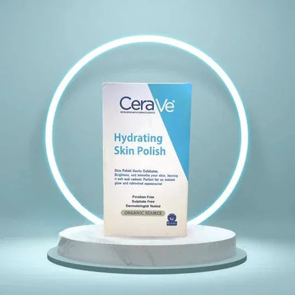 CeraVe Hydrating Skin Polish box displayed on marble pedestal with glowing circular light backdrop