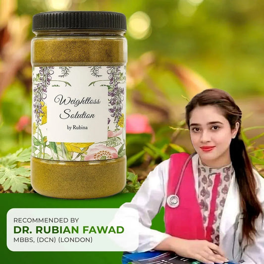 Weightloss Solution by Rubina powder jar with doctor recommending for weight loss