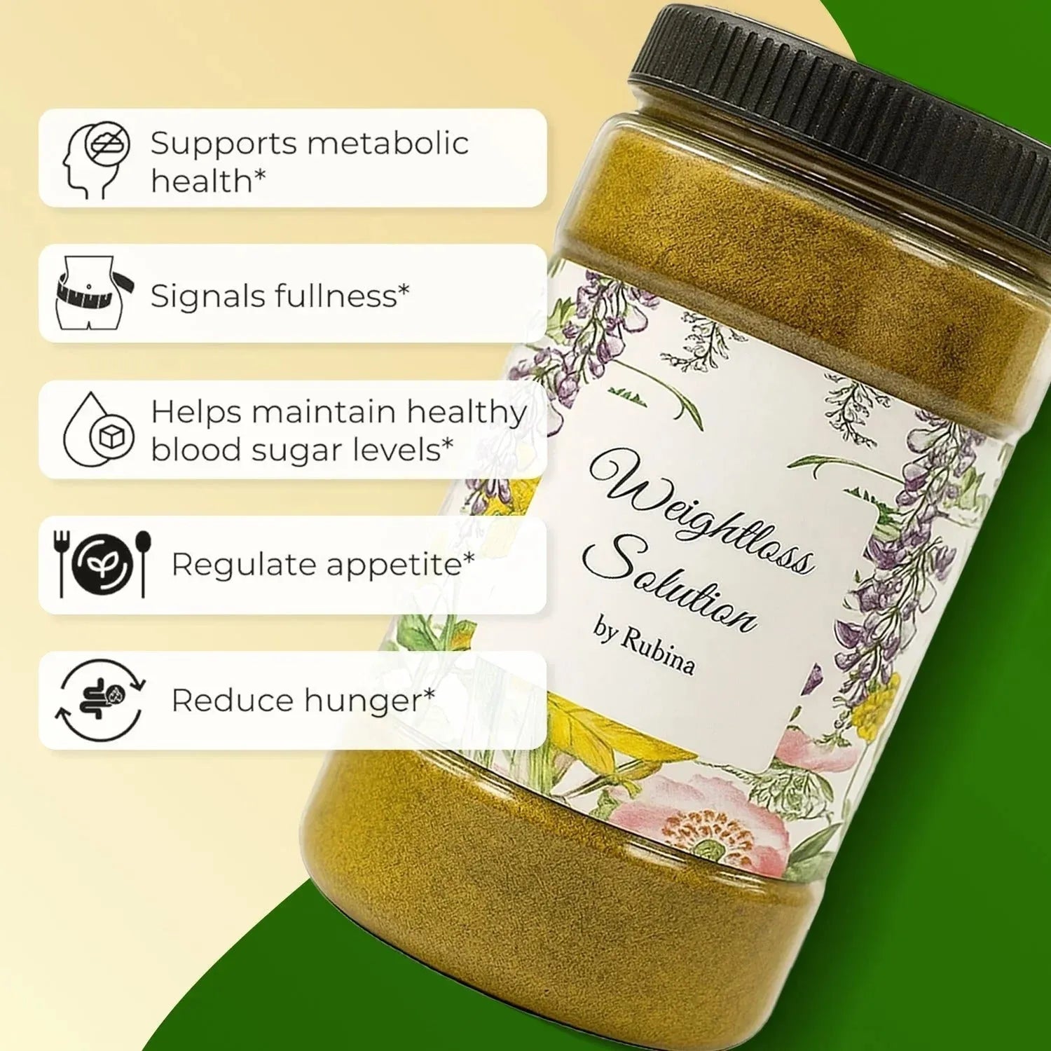 Weightloss Solution by Rubina herbal supplement jar with benefits like appetite regulation and hunger reduction