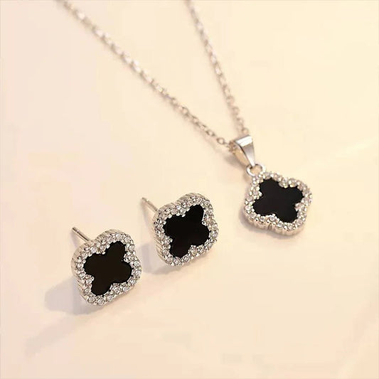 Elegant Silver & Black Clover Jewelry Set – Necklace & Earrings - SUNEHRI STORE