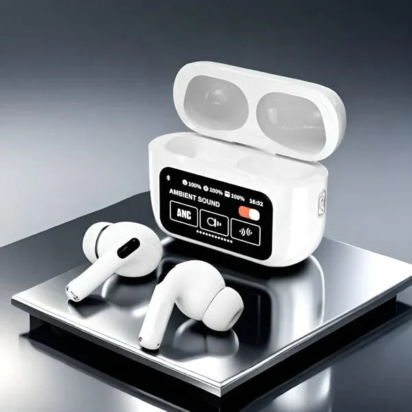 White wireless earbuds with LCD display charging case, ANC feature, sunehri store