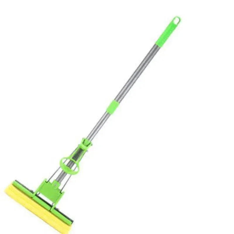 Adjustable squeeze water floor mop with green handle and yellow sponge for cleaning