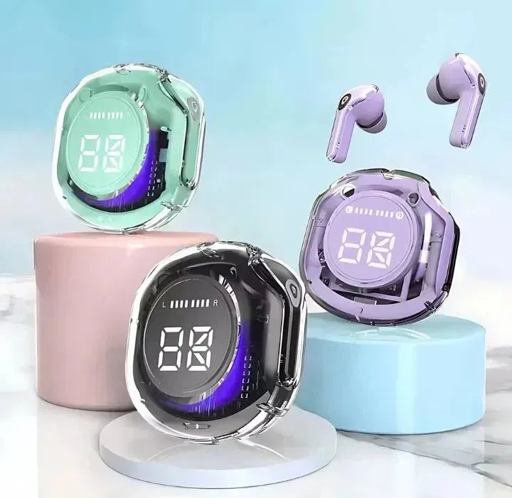 Transparent wireless earbuds with LED digital display charging cases in green, black, and purple on pastel pedestals