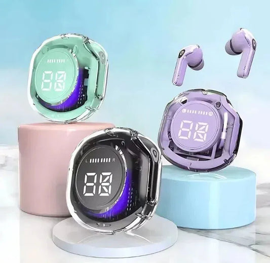 Transparent wireless earbuds with LED digital display charging cases in green, black, and purple on pastel pedestals