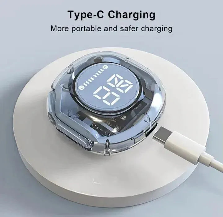 Transparent wireless earbuds case with LED display charging via Type-C cable on white round platform