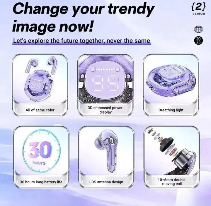 Purple transparent wireless earbuds with 3D power display, breathing light, 30-hour battery, LDS antenna, and dual moving coil