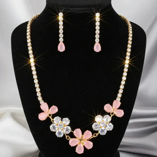 Stunning Floral Crystal Jewelry Set – Glamorous Gold & Pink Elegance - SUNEHRI STORE