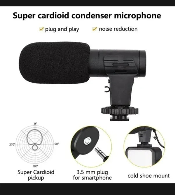 Super cardioid condenser microphone with noise reduction, 3.5mm plug, and cold shoe mount, sunehri store