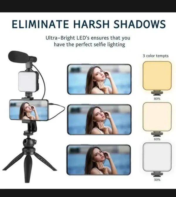 sunehri store video making kit with LED light, tripod, mic, and selfie lighting options