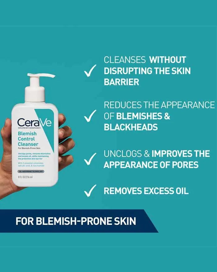 Hand holding CeraVe Blemish Control Cleanser bottle with benefits for blemish-prone skin on teal background