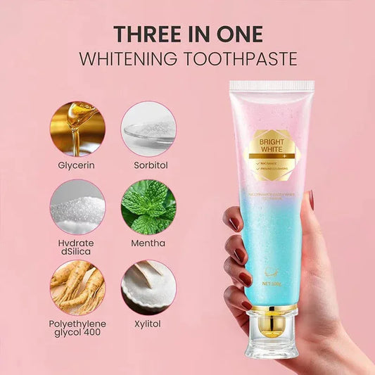 Three in one whitening toothpaste with ingredients glycerin, sorbitol, hydrated silica, mentha, polyethylene glycol 400, xylitol