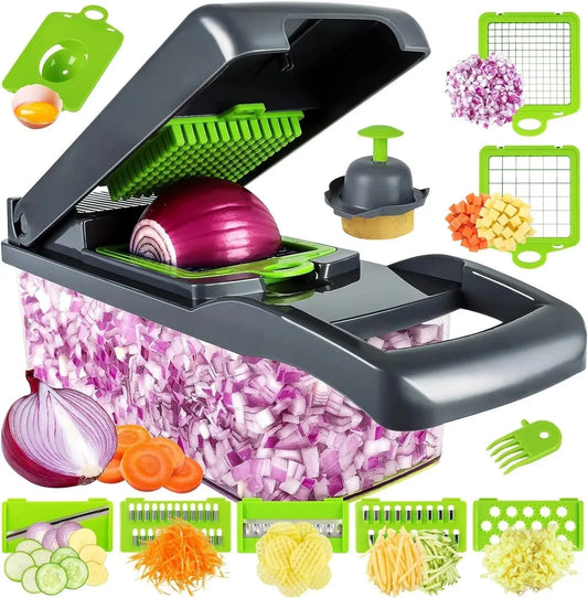 Vegetable chopper with green blades, black container filled with diced onions, and various cutting attachments for slicing and dicing
