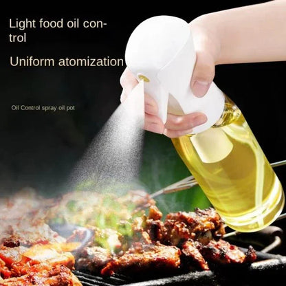 Hand spraying cooking oil mist over grilled food with atomizer bottle, sunehri store