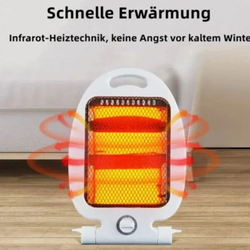 Compact white infrared mini electric heater emitting warm air on wooden floor near wall