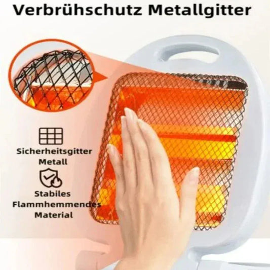 Hand near electric mini fan heater with protective metal grill and flame-retardant material