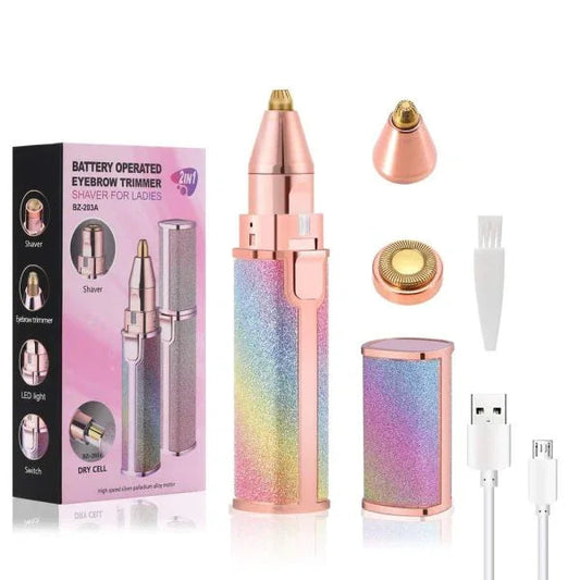 Sunehri Store 2-in-1 eyebrow trimmer set with glitter design, USB cable, and attachments