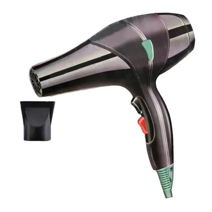 black professional hair dryer with green and red buttons and concentrator nozzle attachment