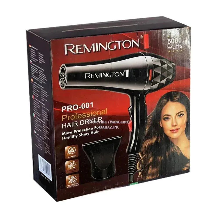 Remington PRO-001 professional hair dryer box with 5000 watts power and healthy shiny hair promotion