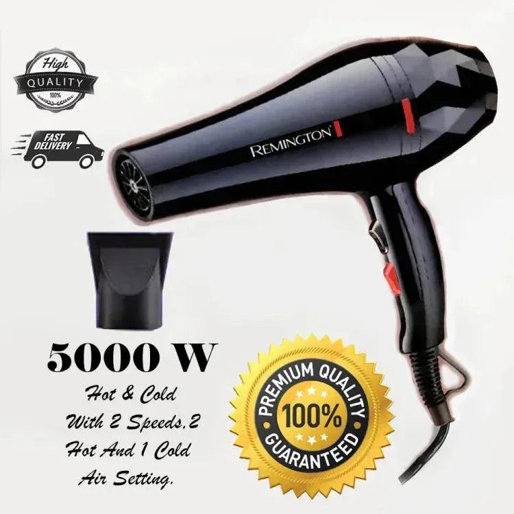 Remington professional black hair dryer with nozzle attachment, 5000W power, 2 speed settings, hot and cold air