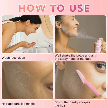 Step-by-step dermaplaning guide with face washing, spray application, hair appearing, and gentle scraping