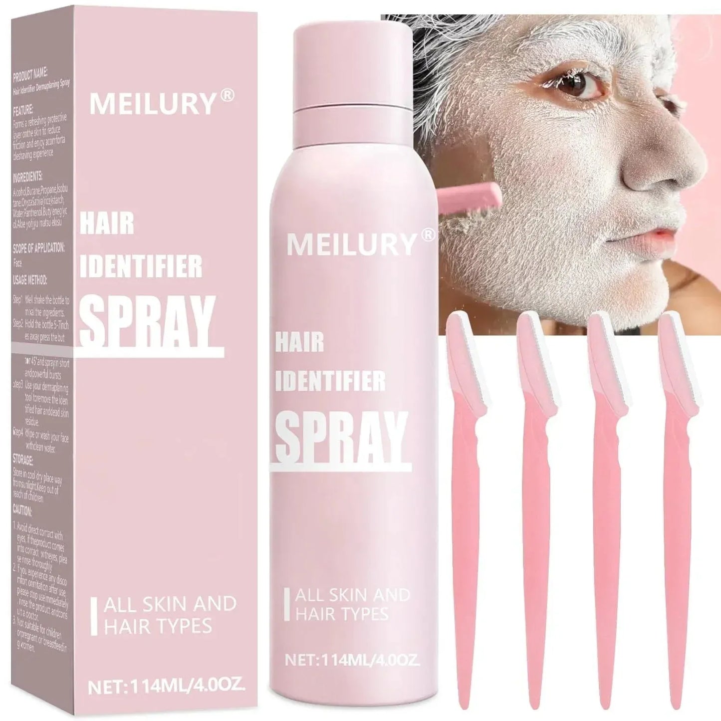 Meilury hair identifier spray with four pink dermaplaning razors and woman using face spray for skincare