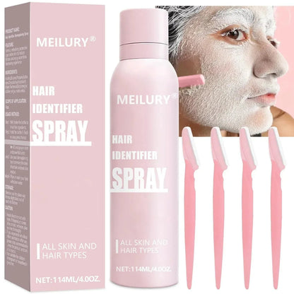 Meilury hair identifier spray with four pink dermaplaning razors and woman using face spray for skincare