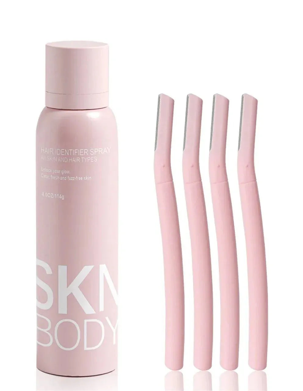 Pink hair identifier spray bottle with four matching pink dermaplaning razors for skin care