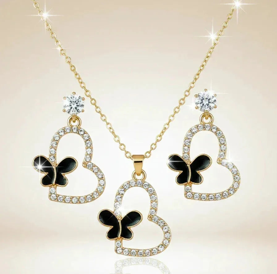 Butterfly Heart Necklace Set – Dazzling Gold & Black Jewelry - SUNEHRI STORE