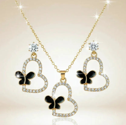 Butterfly Heart Necklace Set – Dazzling Gold & Black Jewelry - SUNEHRI STORE