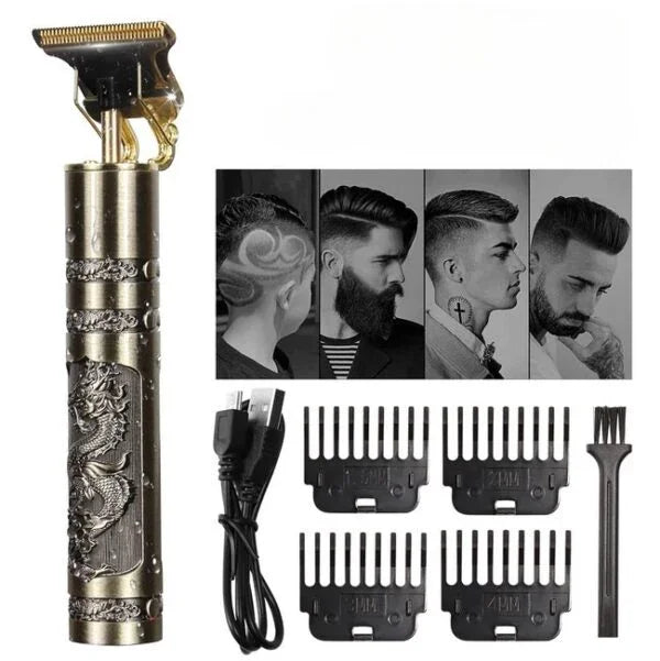 Sunehri Store men's cordless hair and beard trimmer kit with combs, USB cable, cleaning brush, and stylish handle.