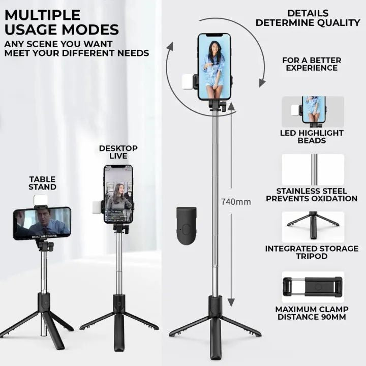 R1s Bluetooth Selfie Stick with Remote & LED Light – 3-in-1 Tripod Stand