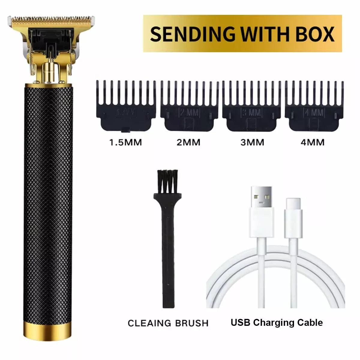 sunehri store black and gold hair trimmer set with four guide combs, cleaning brush, and USB charging cable