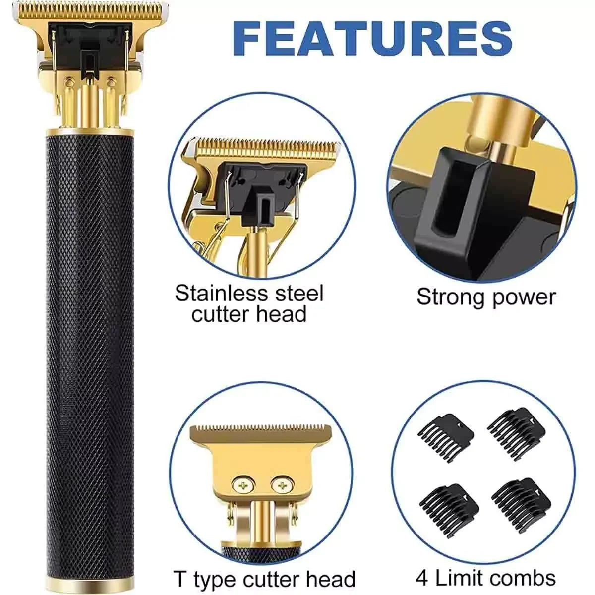 sunehri store professional electric hair trimmer with gold T blade, cutter heads, and 4 comb attachments