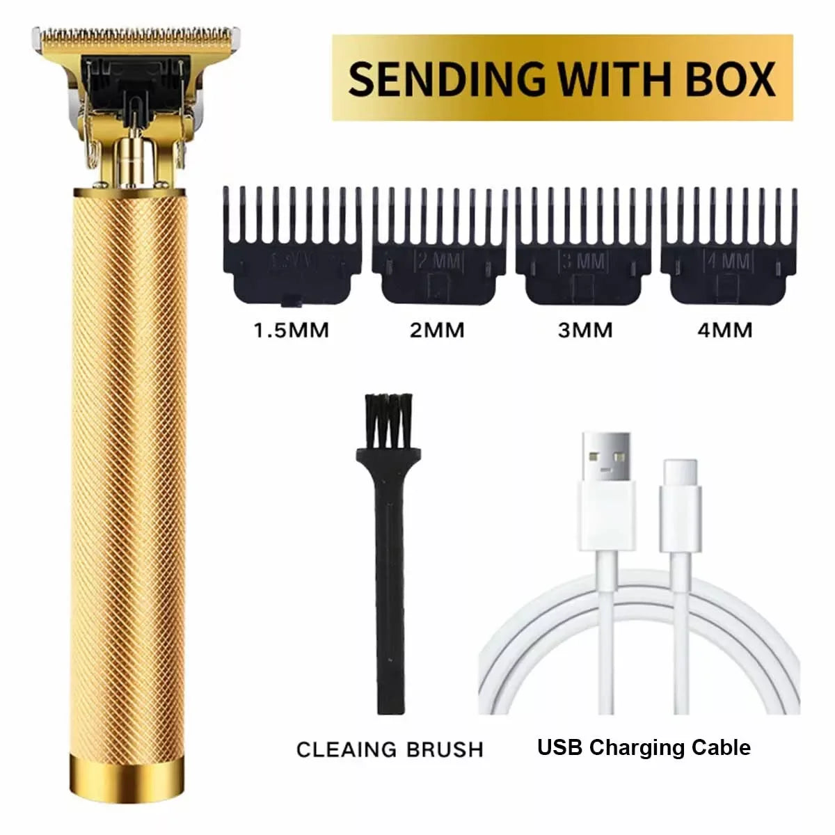Gold hair trimmer set with attachments, cleaning brush, USB cable from sunehri store