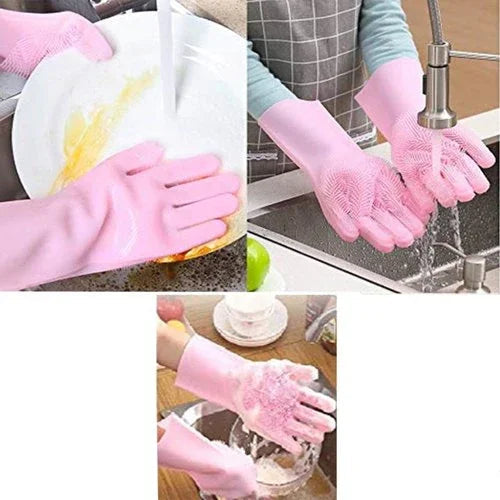Pink silicone washing gloves cleaning dishes, sunehri store household kitchen accessory
