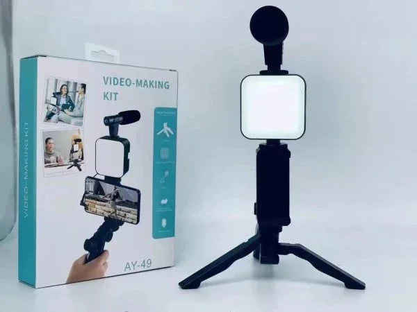 Sunehri store vlogging kit with LED fill light, microphone, and tripod for mobile video.